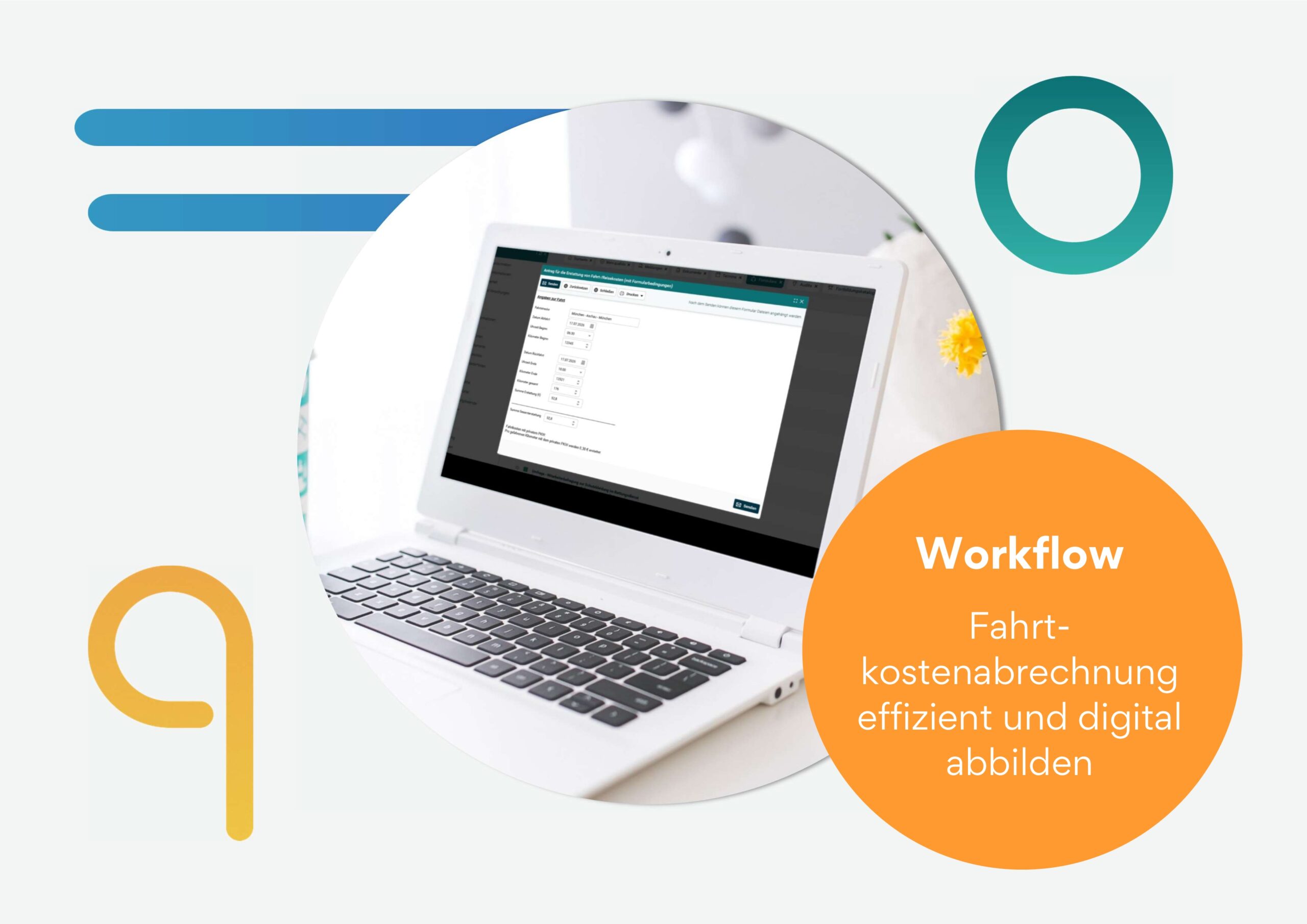 Effizientes Ereignismanagement: Komplexe Workflows mit qualido manager abbilden Screenshot des Formulars Antrag auf Erstattung von Fahrt-/Reisekosten auf einem Laptop-Bildschirm. Text im Bild: "Workflow Fahrtkostenabrechnung effizient und digital abbilden".