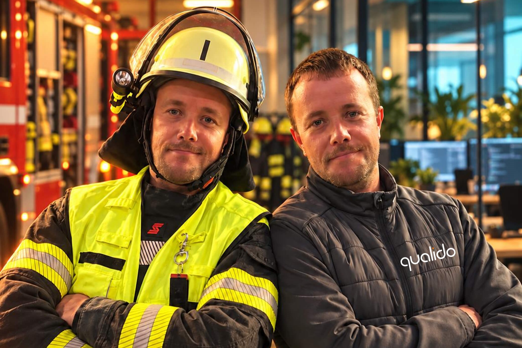 Felix, neuer Mitarbeiter bei qualido, steht mit verschränkten Armen neben sich selbst in Feuerwehrausrüstung mit Helm und Warnweste und in qualido-Jacke im modernen Büro