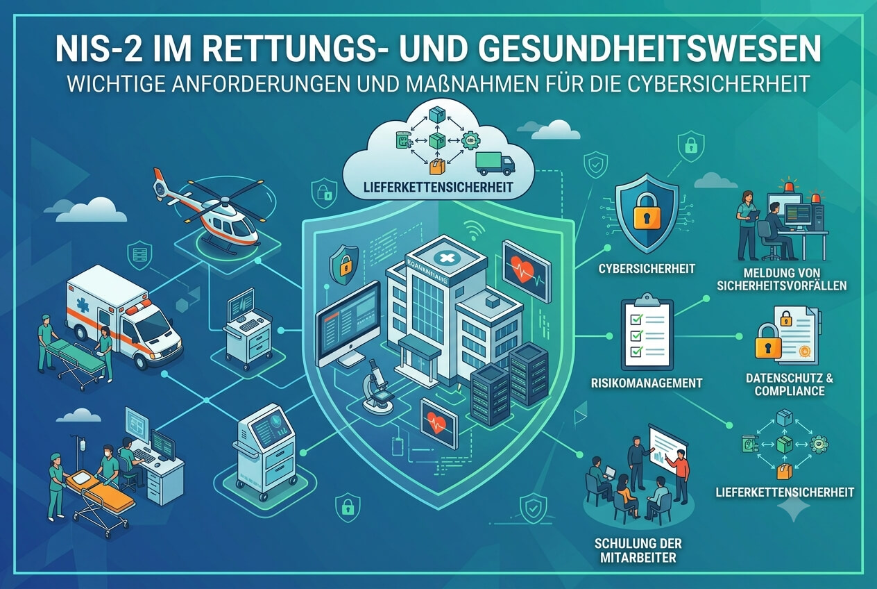 Infografik zu den NIS-2 Anforderungen und Cybersicherheit in Kliniken, Rettungsdienst und Gesundheitswesen – umgesetzt von qualido.