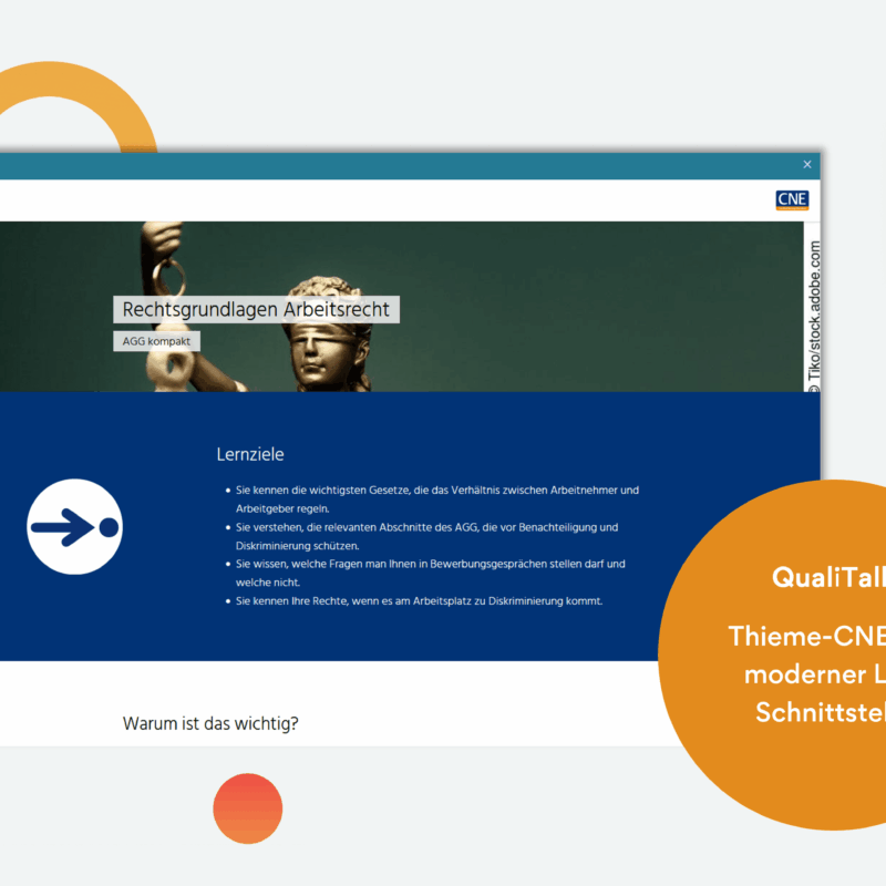 Screenshot der E-Learning-Plattform Thieme CNE Connect zum Thema Rechtsgrundlagen Arbeitsrecht mit LTI-Schnittstelle zum qualido manager®