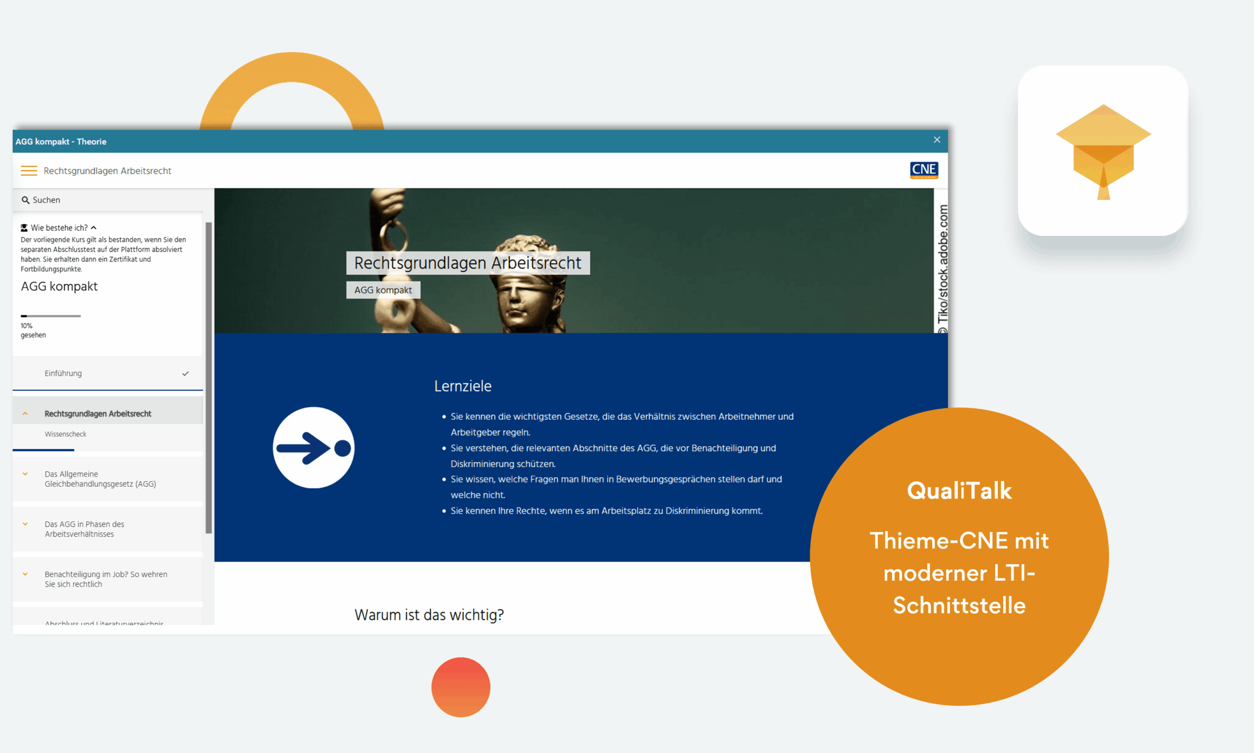 Screenshot der E-Learning-Plattform Thieme CNE Connect zum Thema Rechtsgrundlagen Arbeitsrecht mit LTI-Schnittstelle zum qualido manager®