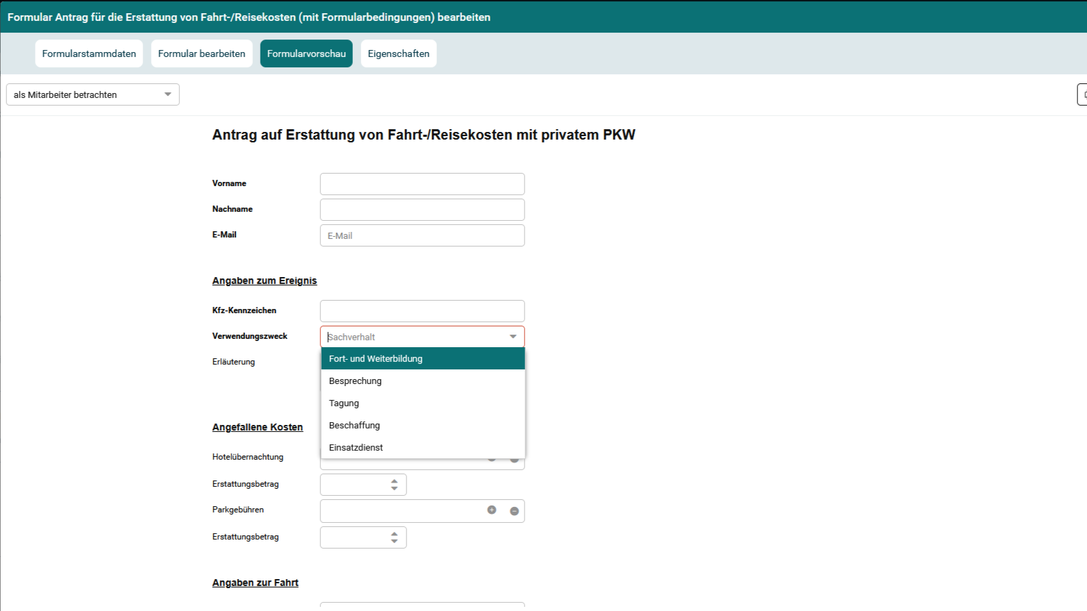 Screenshot - Formular Fahrt- und Reisekostenabrechnung 1