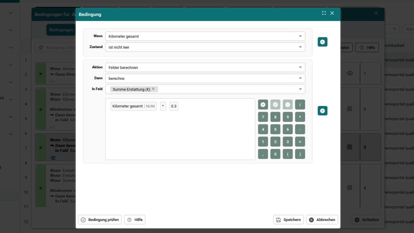 Screenshot - Formularbedingung Rückerstattung gefahrene Kilometer berechnen