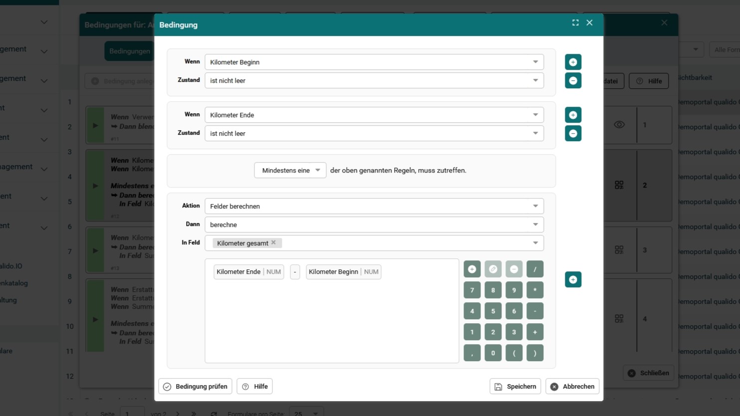 Screenshot - Formularbedingung gefahrene Kilometer berechnen