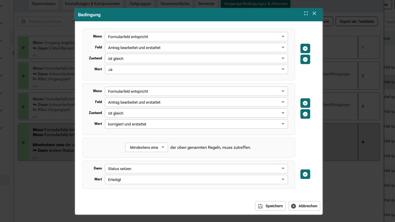 Screenshot - Vorgangsbedingung Fahrt- und Reisekosten Antrag Status setzen