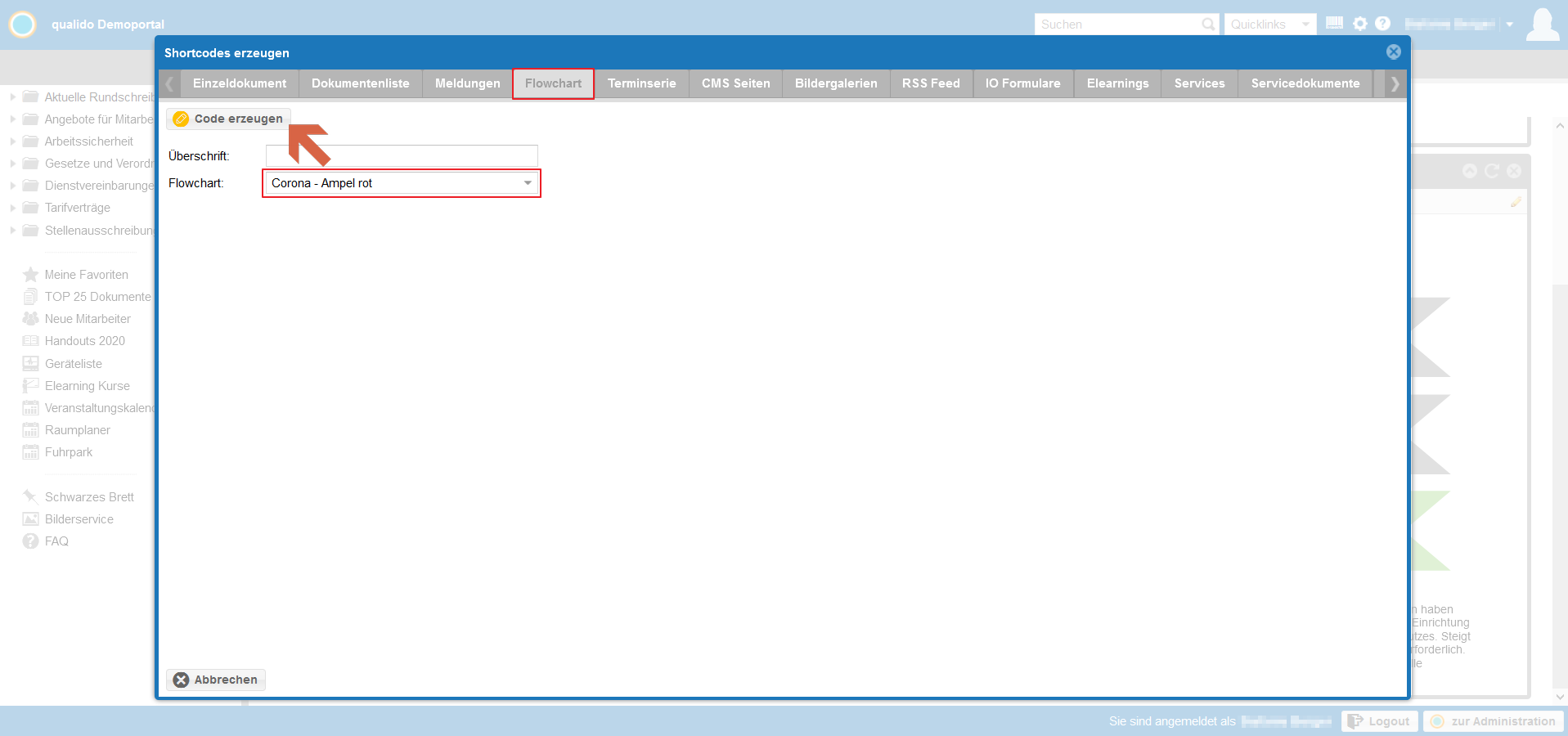 qualido Corona-Ampel Screenshot CMS-Seite Flowchart auswählen