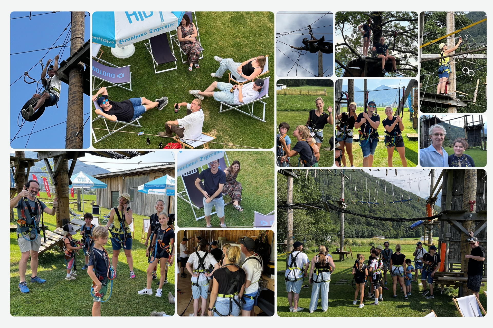 Qualido Sommerfest im Hochseilgarten Aschau: Mitarbeiter beim Klettern, Teambuilding und Entspannen auf der Wiese